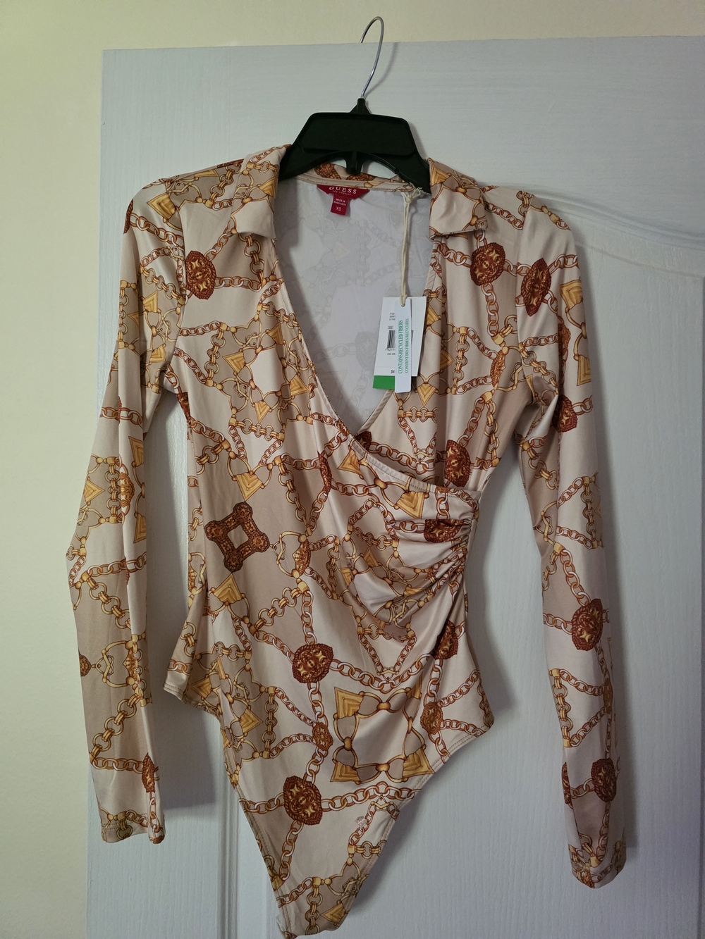 Guess Beige Chain-Print Long-Sleeve Wrap Bodysuit
